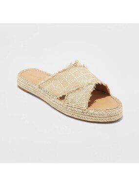 Frayed Slide Sandals With Espadrille Sole - Beige - Womens Casual Summer Footwea